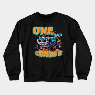 One Birthday Boy's Monster Truck Racing B-day Gift For Kids Tollder Crewneck Sweatshirt